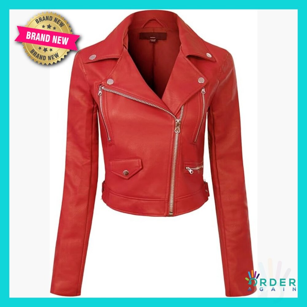 Long Sleeve Moto Biker Faux Leather Jacket Slim Fit Classic Chic Zipper Closure